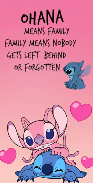 Stitch and Angel Lilo and Stitch Ohana Family Quote Pink Background HD phone wallpaper