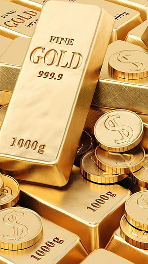 Shiny Gold Bars and Dollar Coins Pile Wealth and Luxury HD phone wallpaper