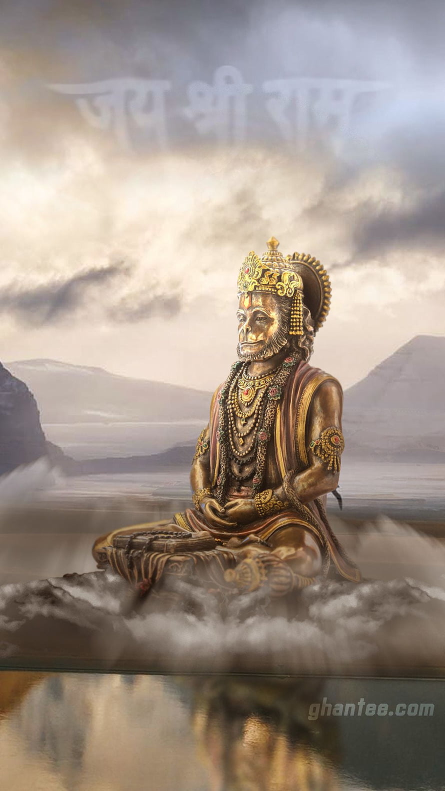 Golden Statue of Hanuman Sitting in Meditation with Scenic Mountain Background, hanuman for – Jai shri ram – Ghantee, Hanuman Meditation HD phone wallpaper