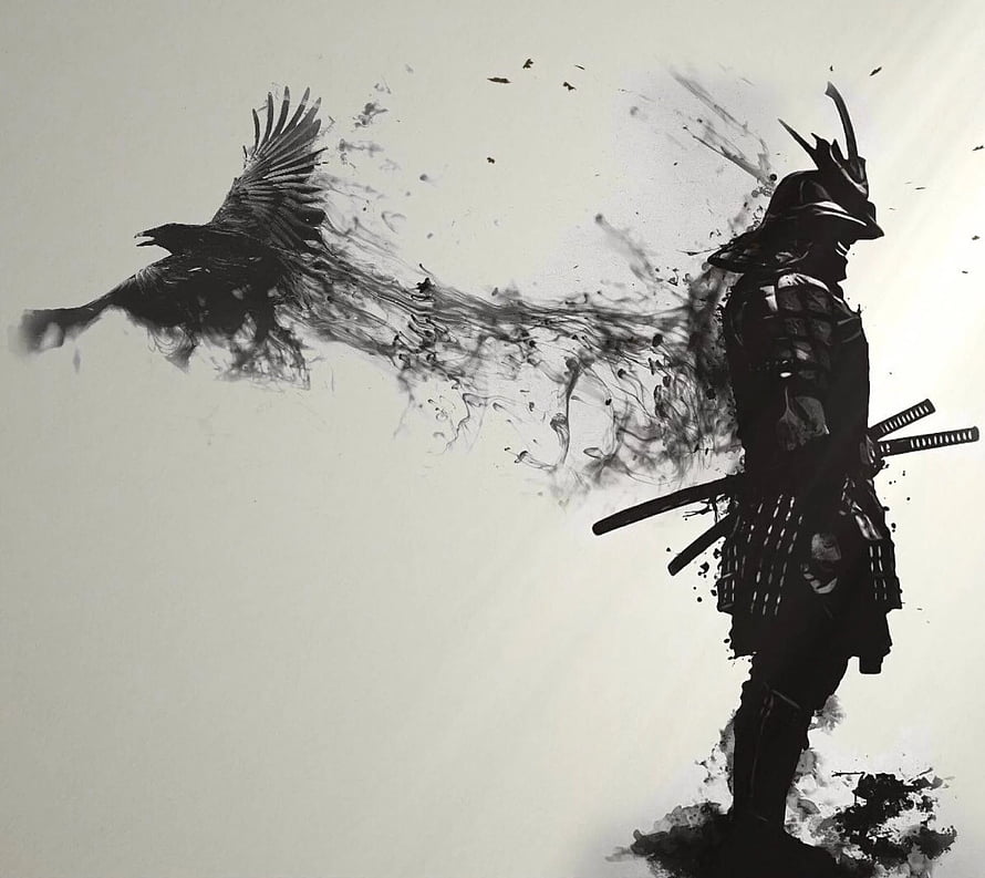 Samurai Warrior And Crow Ink Splatter Art HD wallpaper
