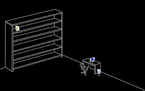 Isometric Wireframe Office Room with Bookshelf and Computer Desk on Black Background HD wallpaper
