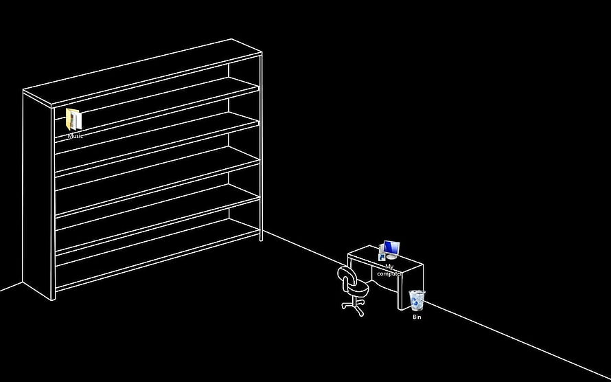 Isometric Wireframe Office Room with Bookshelf and Computer Desk on Black Background HD wallpaper