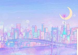 Pastel Tokyo Skyline with Rainbow Bridge and Tokyo Skytree Under a Crescent Moon HD wallpaper