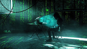 Hooded Hacker Watching Retro TV Amidst Green Binary Code Rain HD wallpaper