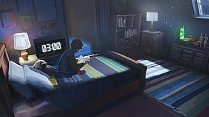 Cozy Bedroom Illustration of Person Reading Book at Night with Glowing Clock HD wallpaper