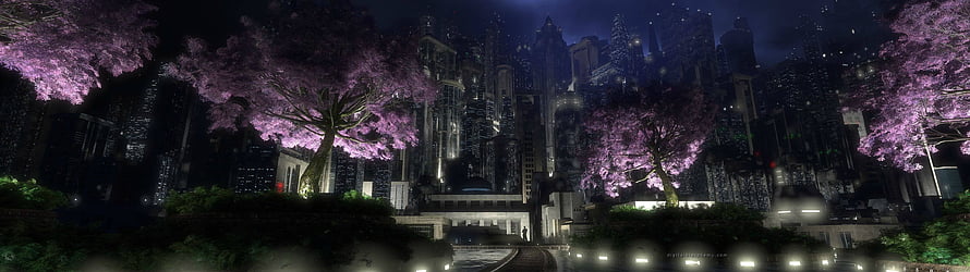 Nighttime cityscape with glowing purple cherry blossom trees and futuristic skyscrapers HD wallpaper