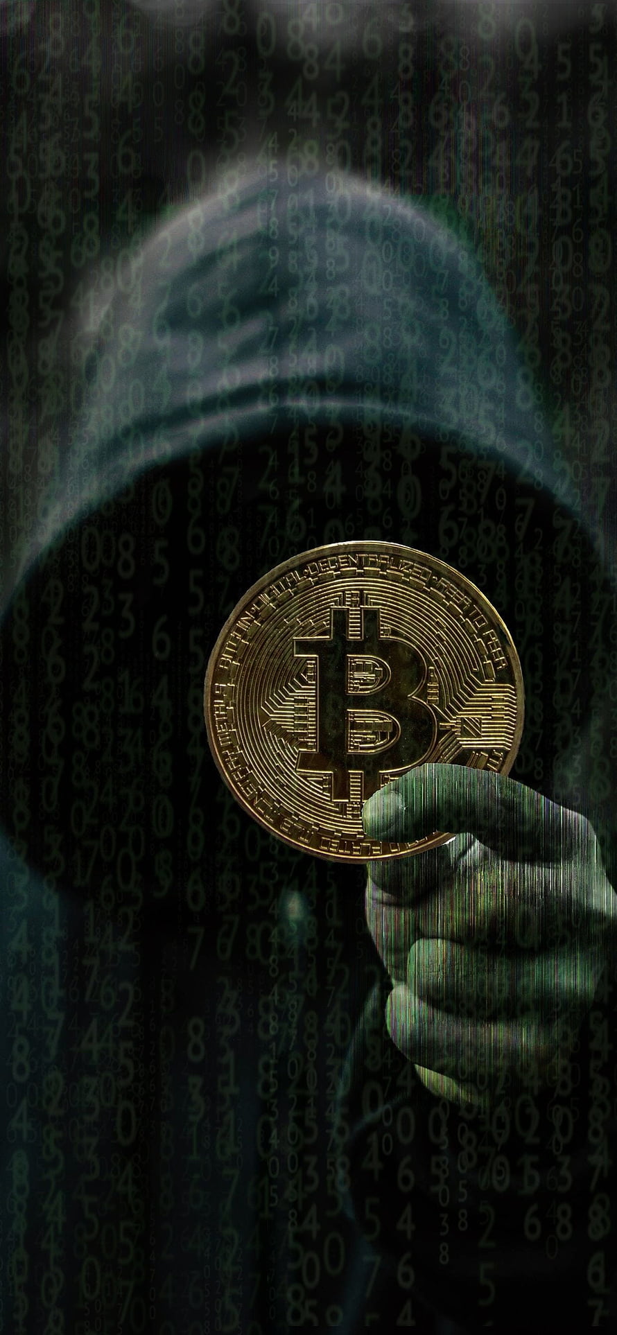 Bitcoin Coin Held in Hand Against Digital Matrix Code Background HD phone wallpaper