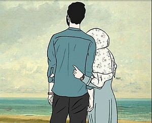 Couple Standing Together Looking At The Ocean Sunset Illustration HD wallpaper