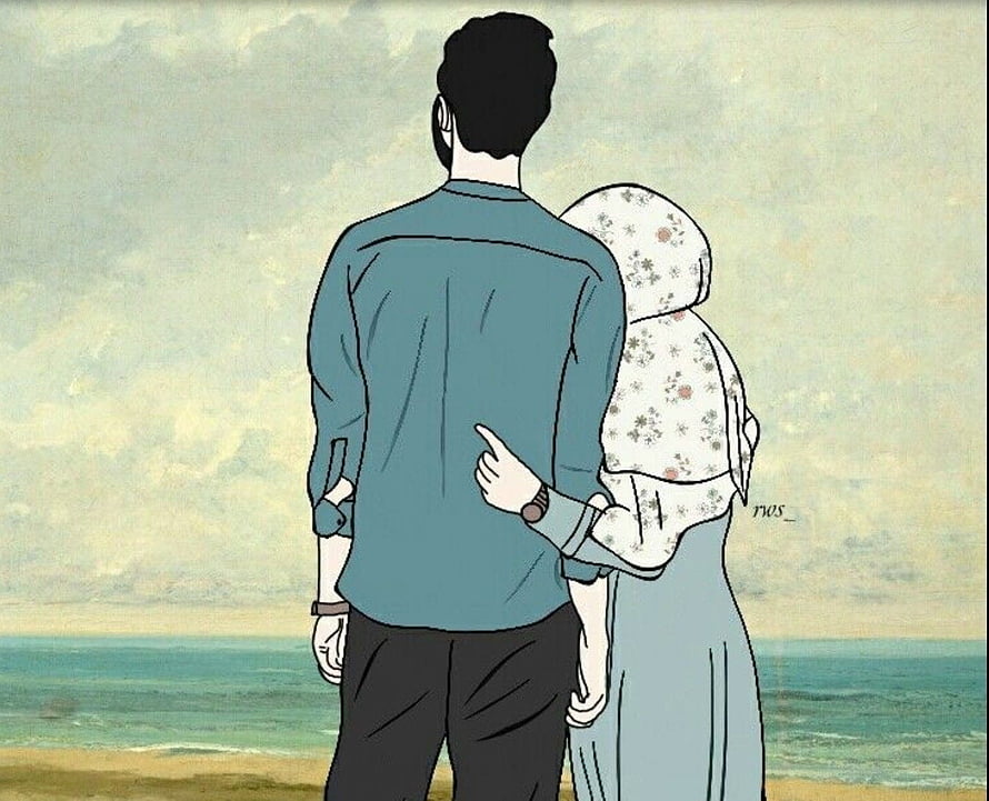 Couple Standing Together Looking At The Ocean Sunset Illustration HD wallpaper