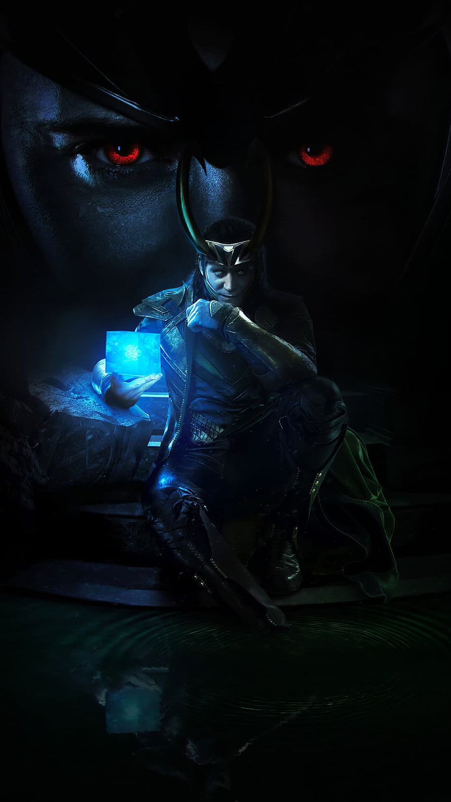 Loki Crouching with Glowing Cube and Horned Helmet in Dark Cinematic Scene HD phone wallpaper