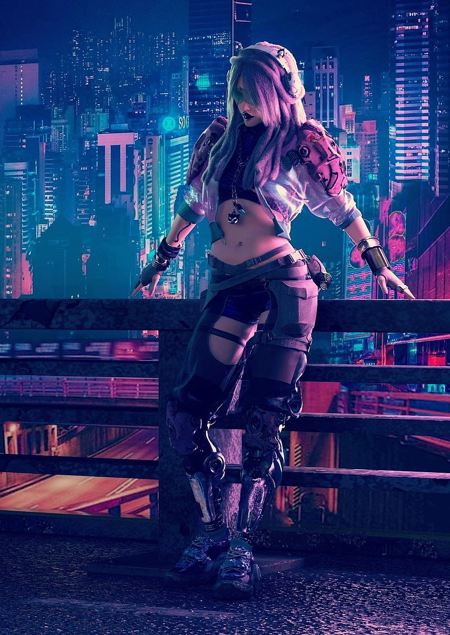 Cyberpunk 2077 Female Character with Cybernetic Legs in Neon City HD phone wallpaper