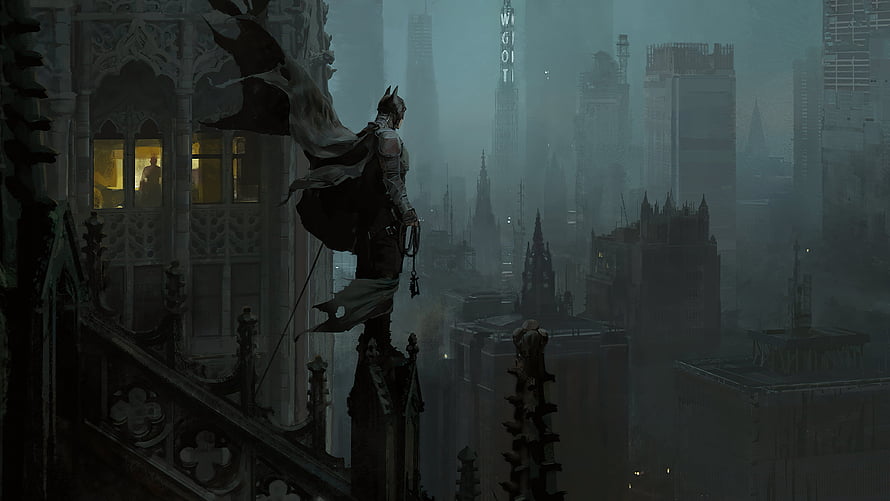 Batman standing on a gothic gargoyle overlooking a foggy Gotham City skyline at night, Batman, gotham city, comics, artwork, superhero, dc comics HD wallpaper