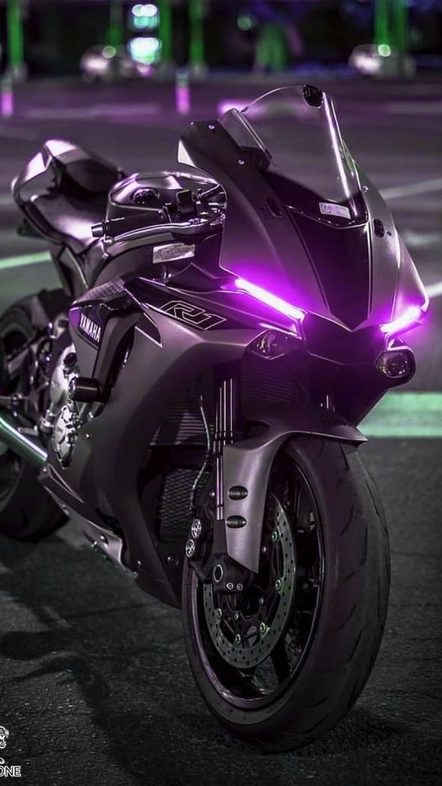 Yamaha R15 Matte Black Sport Bike with Purple LED Headlights at Night HD phone wallpaper