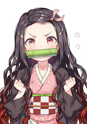 Nezuko Kamado from Demon Slayer in Chibi Style with Bamboo Mouthpiece HD phone wallpaper