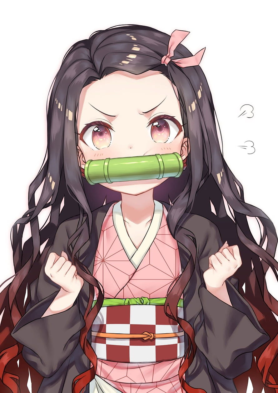 Nezuko Kamado from Demon Slayer in Chibi Style with Bamboo Mouthpiece HD phone wallpaper
