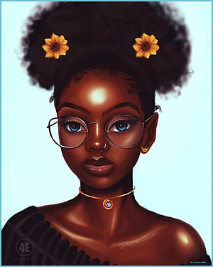 Digital Portrait of a Black Woman with Round Glasses and Sunflowers in Hair, Black Girl Cartoon - Black Girl Cartoon, Black Girl Baddie HD phone wallpaper