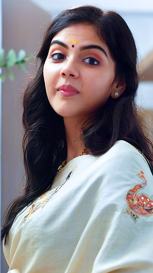 Kalyani Priyadarshini in Traditional Attire with Floral Embroidery and Gold Jewelry HD phone wallpaper
