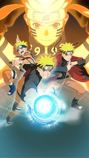 Naruto Uzumaki Evolution Stages Wallpaper Featuring Rasengan and Nine-Tails Chakra Mode HD phone wallpaper