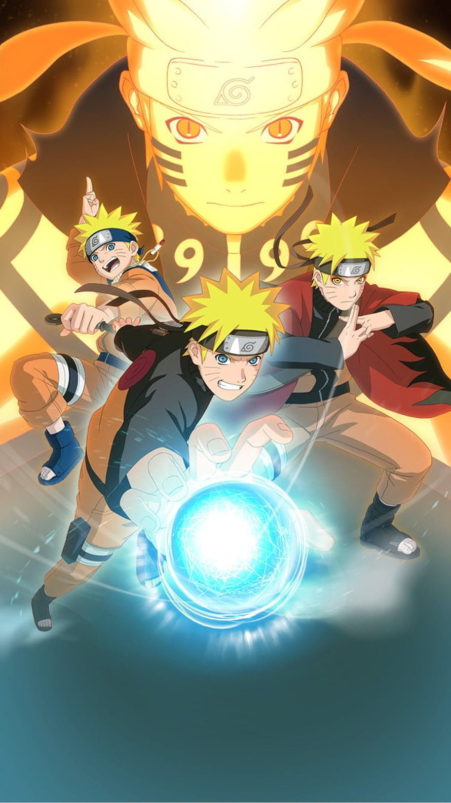 Naruto Uzumaki Evolution Stages Wallpaper Featuring Rasengan and Nine-Tails Chakra Mode HD phone wallpaper