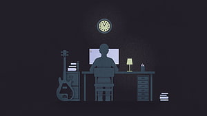 Minimalist Programmer at Desk with Computer, Guitar, and Books in Dark Room HD wallpaper