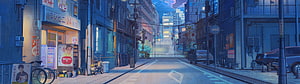 Lo-fi Anime Japanese City Street at Dusk with Convenience Store and Neon Lights HD wallpaper