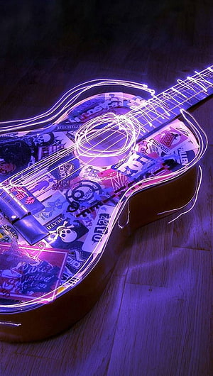 Acoustic Guitar Covered in Stickers with Neon Light Painting Traces HD phone wallpaper
