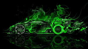 Sleek Sports Car Enveloped in Vibrant Green Neon Flames on Black Background HD wallpaper