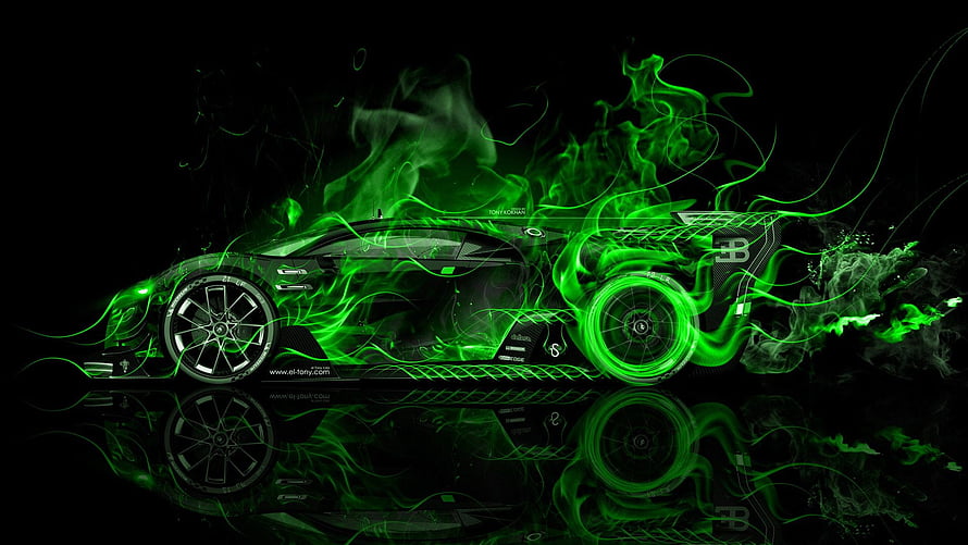 Sleek Sports Car Enveloped in Vibrant Green Neon Flames on Black Background HD wallpaper