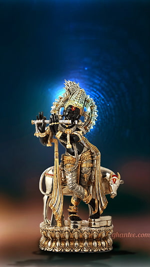 Black Krishna Idol Playing Flute with Silver Cow Statue HD phone wallpaper
