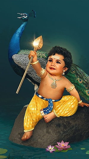 Murugan Child Deity Holding Ganda Berunda With Peacock And Lotus Flowers HD phone wallpaper