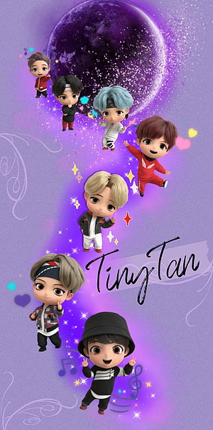 TinyTan K-pop Idols Chibi 3D Characters Purple Galaxy Background Wallpaper HD phone wallpaper