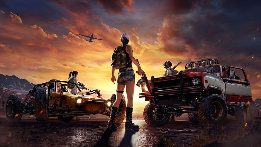 PUBG Lite Post-Apocalyptic Desert Scene with Armed Survivors and Modified Vehicles at Sunset HD wallpaper