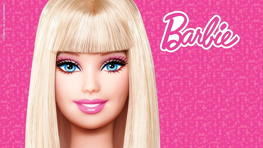 Barbie doll close-up portrait with blonde hair and blue eyes on pink patterned background HD wallpaper