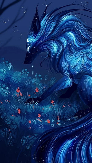 Celestial Galaxy Fox in a Starlit Night Meadow with Glowing Flora HD phone wallpaper