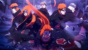 Six Paths of Pain Akatsuki Members in Dark Anime Battle Scene HD wallpaper
