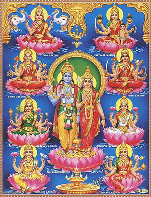 Sri Lakshmi Narayan with Ashta Lakshmi Hindu Deities on Lotus Flowers HD phone wallpaper