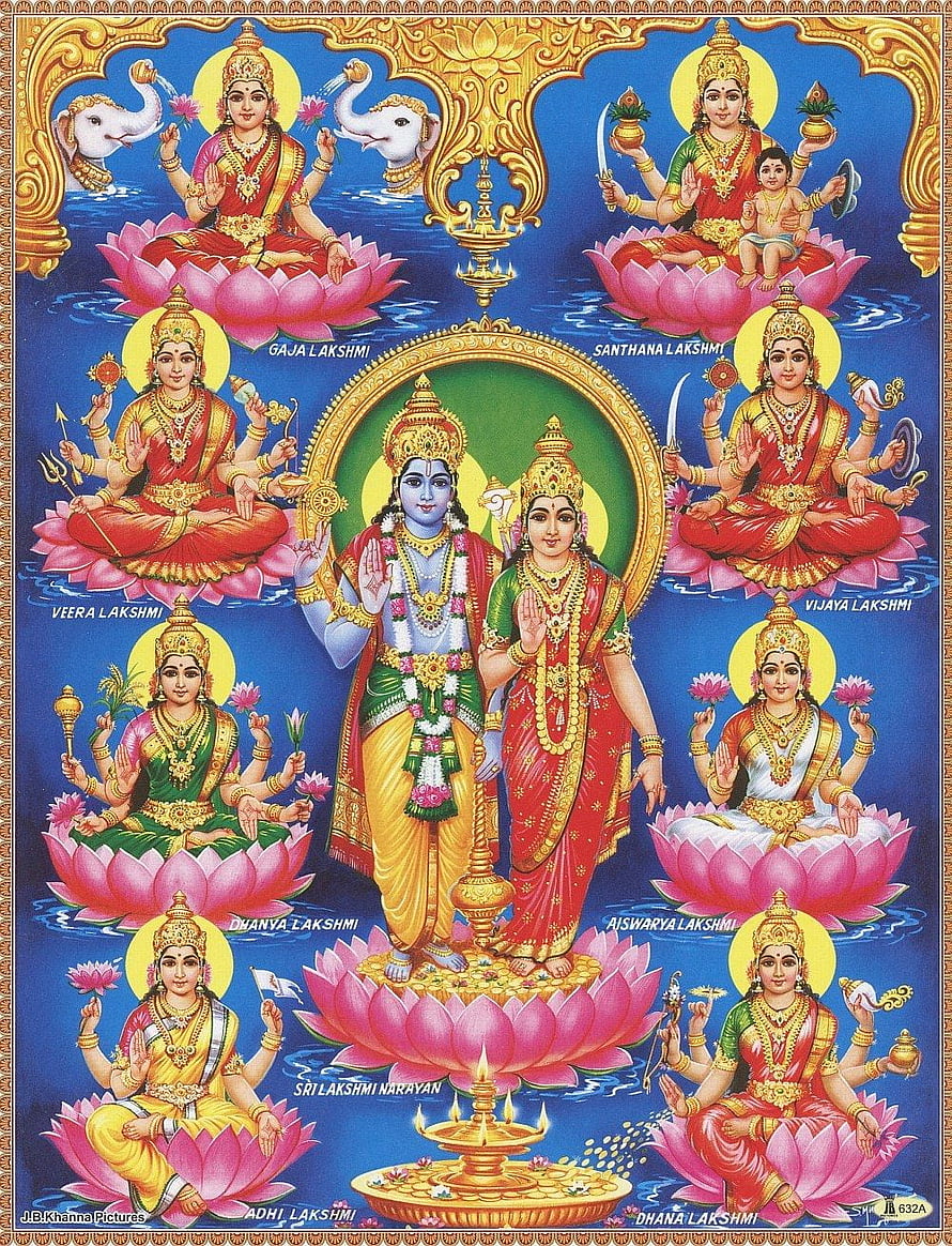 Sri Lakshmi Narayan with Ashta Lakshmi Hindu Deities on Lotus Flowers HD phone wallpaper