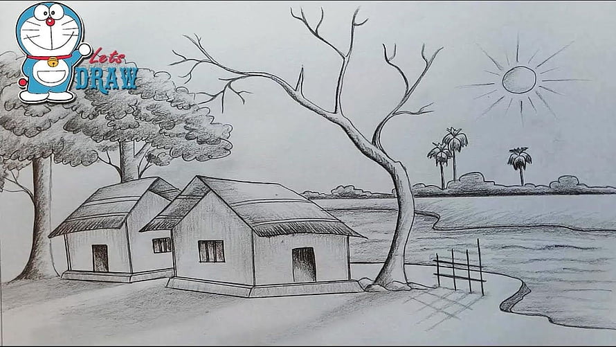 Pencil Sketch of Rural Village Houses with Trees and Sun HD wallpaper