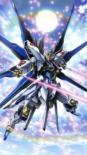 Strike Freedom Gundam in Flight with Wing Spread Against a Starry Sky HD phone wallpaper