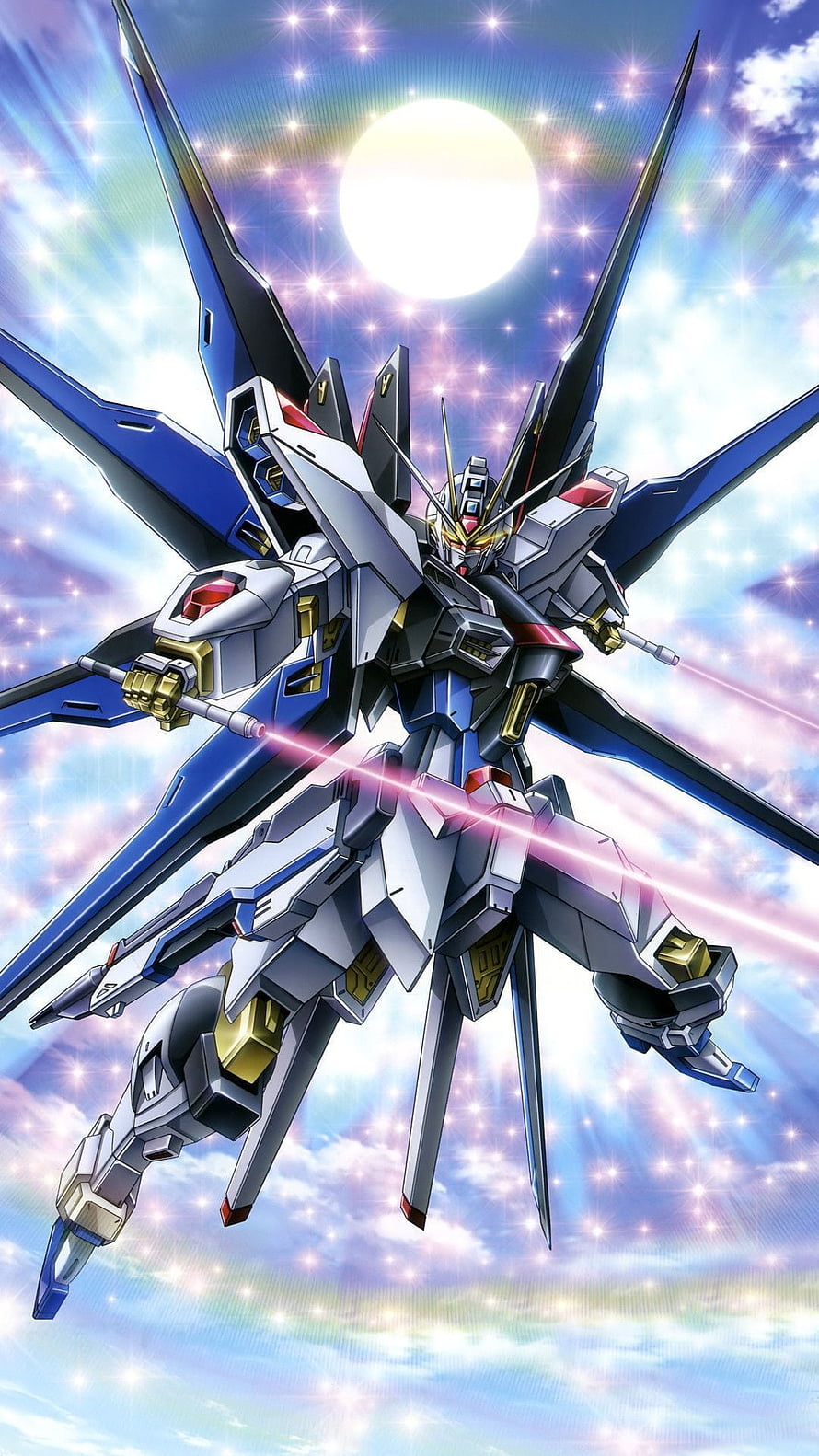 Strike Freedom Gundam in Flight with Wing Spread Against a Starry Sky HD phone wallpaper