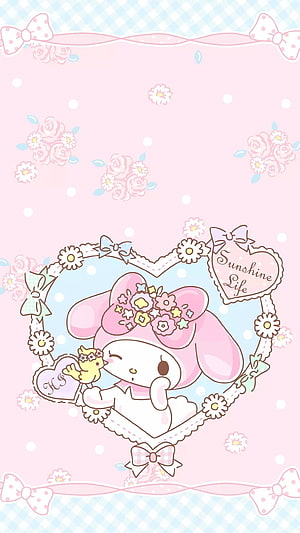 My Melody Kawaii Pastel Heart Frame with Floral Bows and Cute Bird Companion HD phone wallpaper