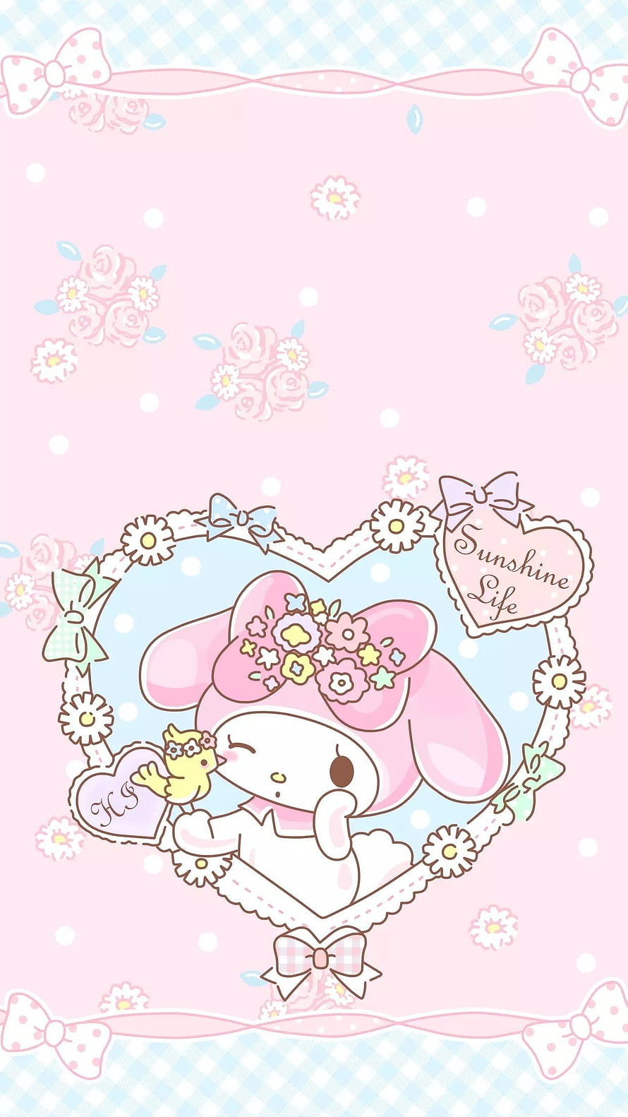 My Melody Kawaii Pastel Heart Frame with Floral Bows and Cute Bird Companion HD phone wallpaper