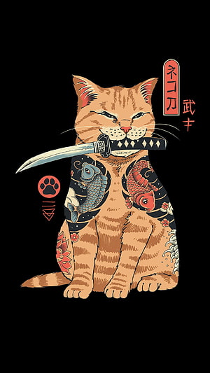 Tough Orange Tabby Cat Samurai Warrior With Katana Sword And Traditional Japanese Koi Fish Tattoos HD phone wallpaper