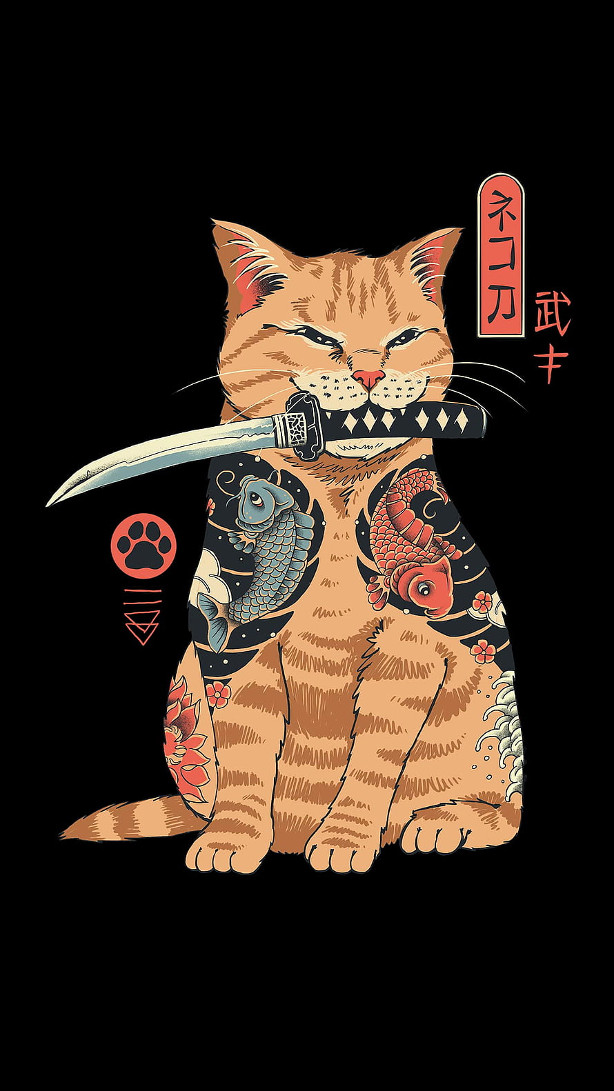 Tough Orange Tabby Cat Samurai Warrior With Katana Sword And Traditional Japanese Koi Fish Tattoos HD phone wallpaper