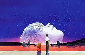 The End of Evangelion Giant Head and Two Figures Under Starry Sky HD wallpaper
