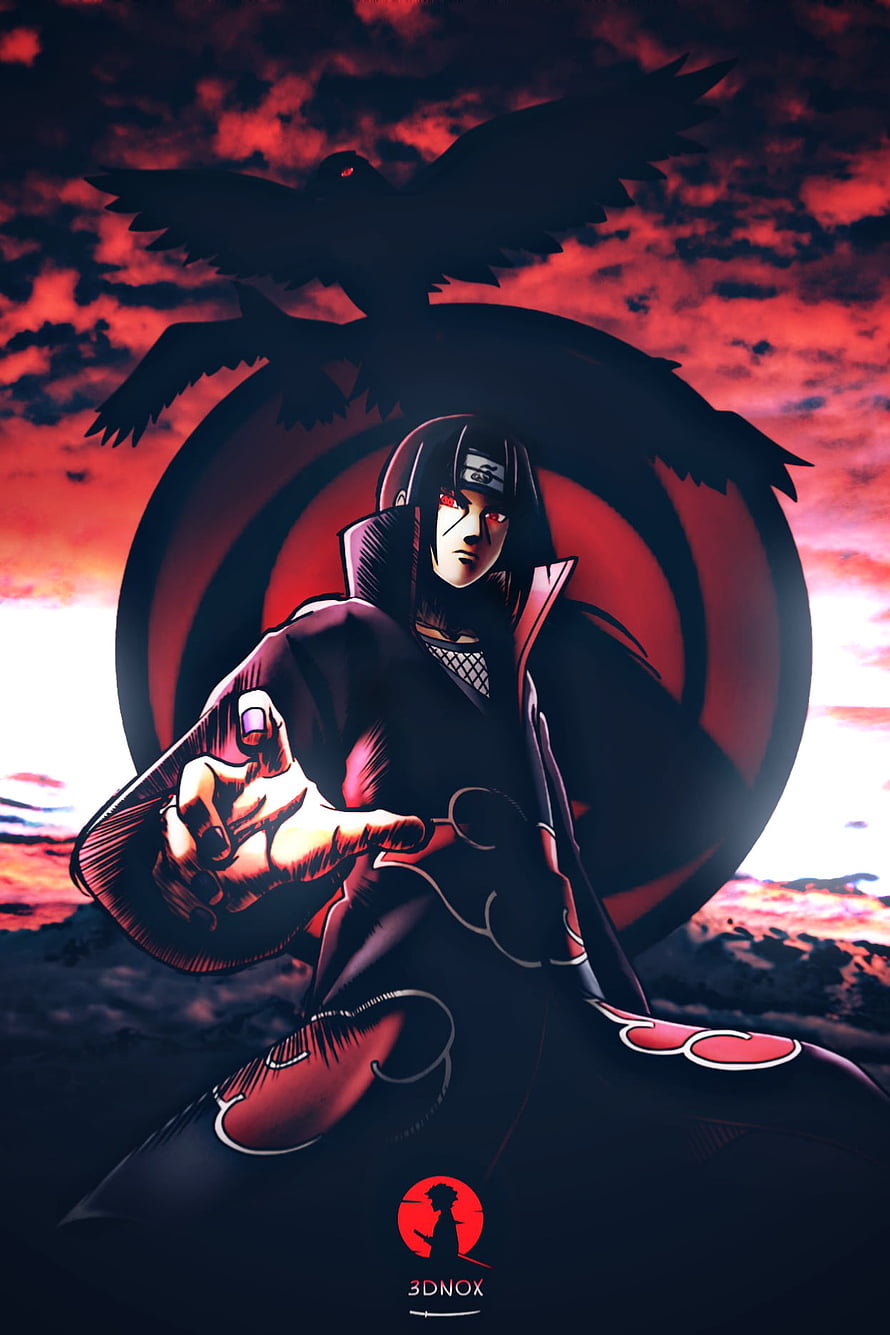 Itachi Uchiha in Akatsuki Cloak with Crow Silhouette Against Crimson Sky HD phone wallpaper