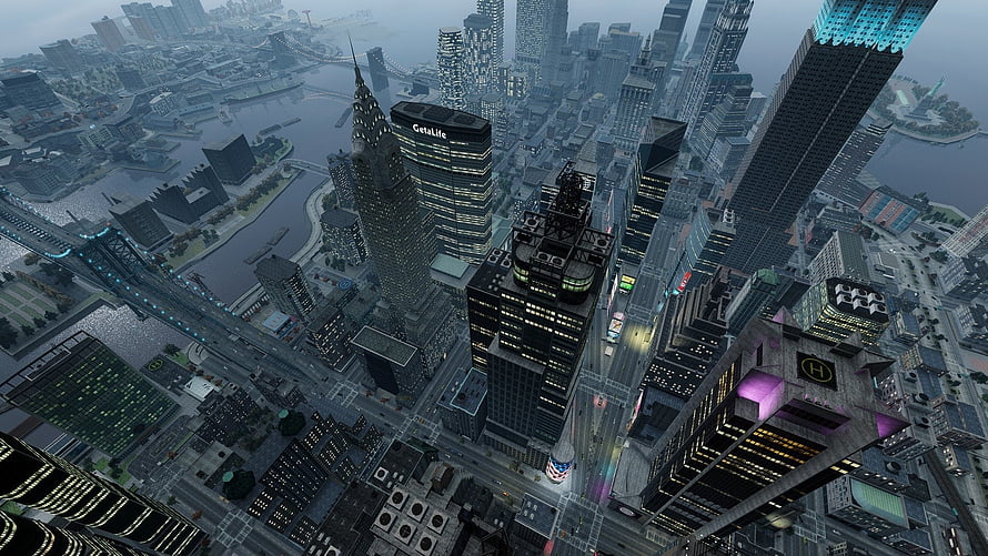Grand Theft Auto IV Liberty City Aerial View with Skyscrapers and River HD wallpaper