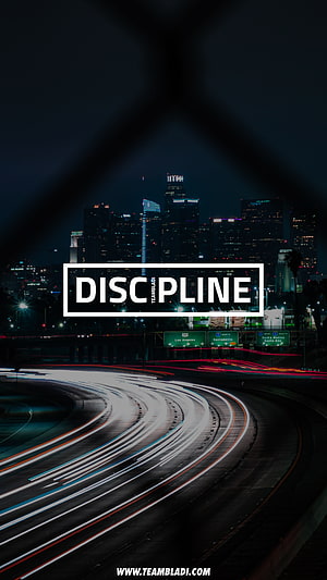 Nighttime Los Angeles Skyline With Long Exposure Highway Light Trails And Discipline Quote HD phone wallpaper