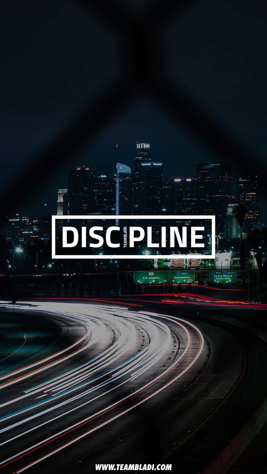 Nighttime Los Angeles Skyline With Long Exposure Highway Light Trails And Discipline Quote HD phone wallpaper