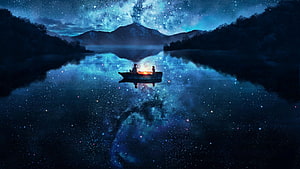 Two Figures in a Boat on a Lake Reflecting the Milky Way Galaxy at Night HD wallpaper